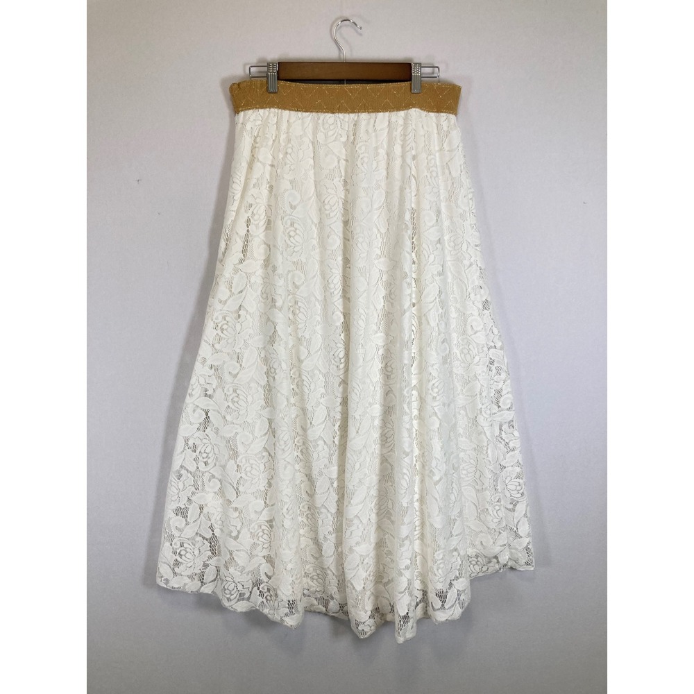 Boho Romantic LuLaRoe Women Medium White Floral Lace Maxi Skirt Gold Waistband - Picture 2 of 11
